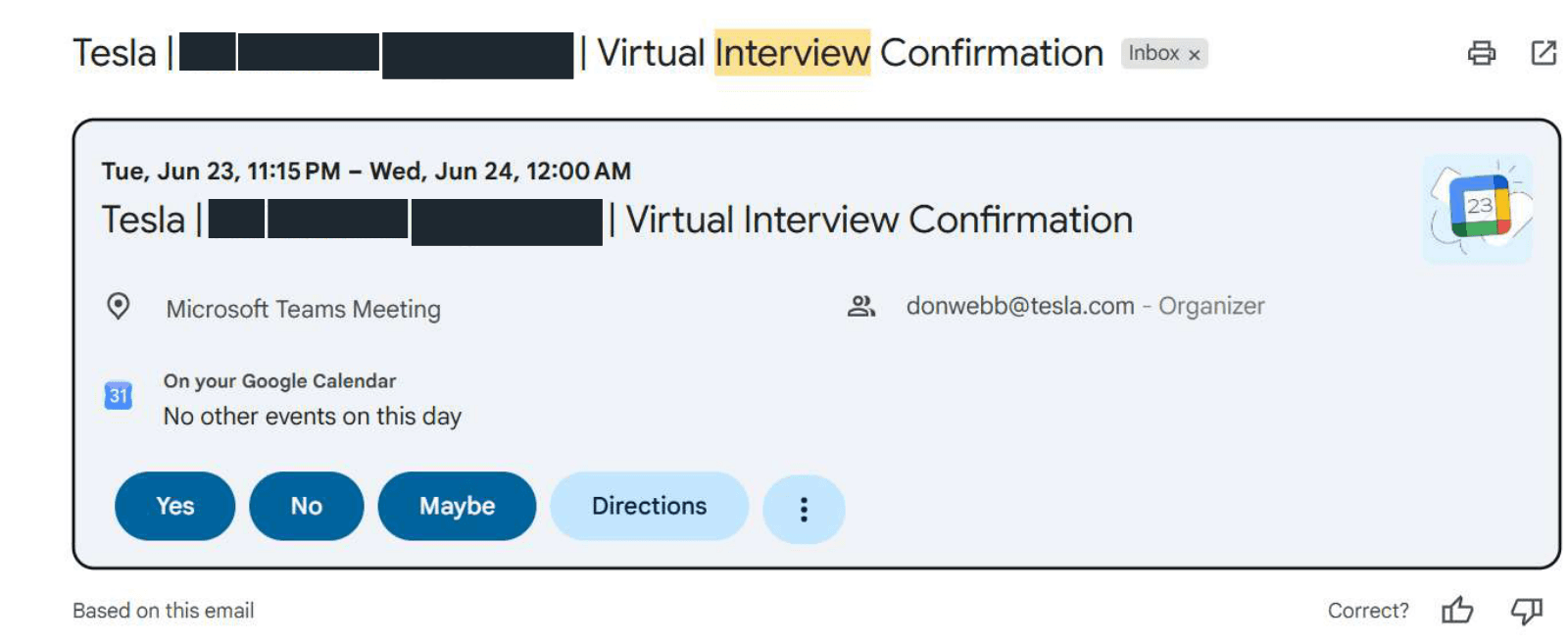 Tesla: Virtual interview confirmation