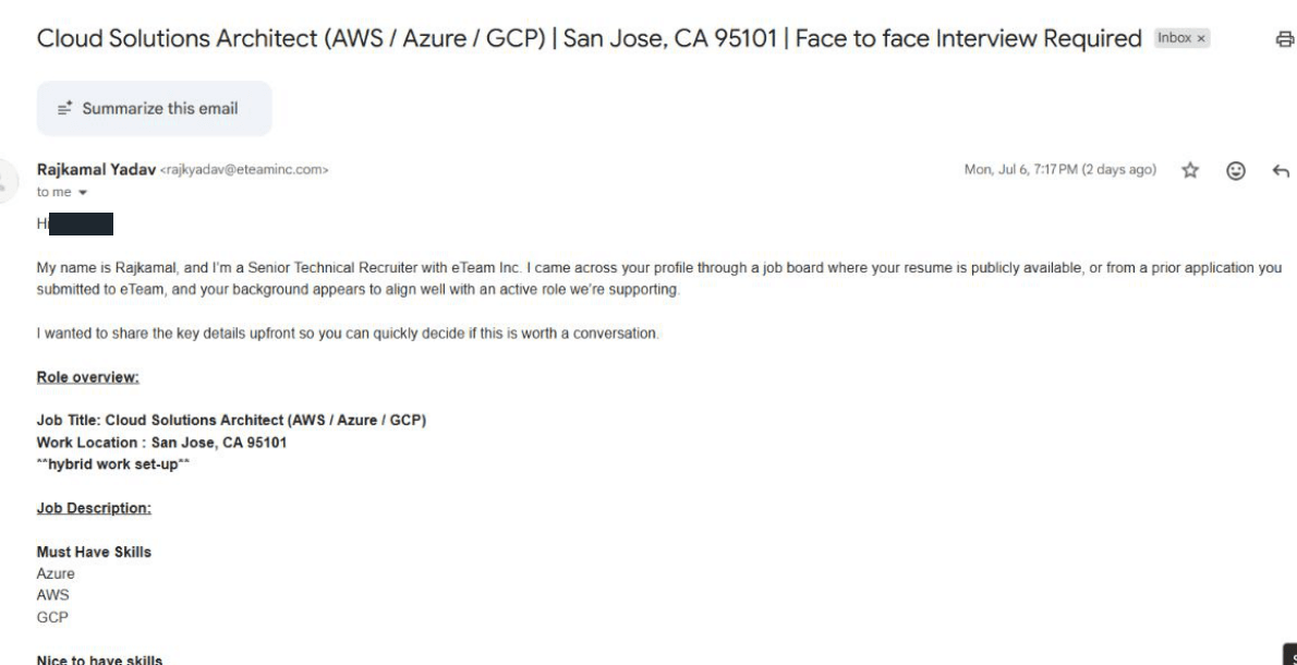 eTeam: Recruiter outreach