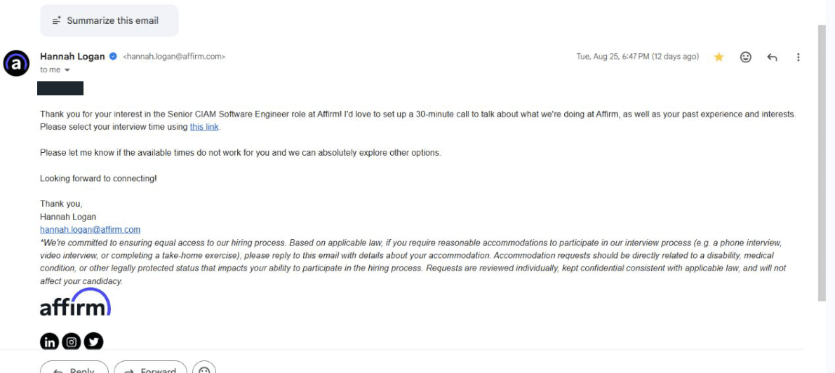 Affirm: Recruiter phone screen invitation