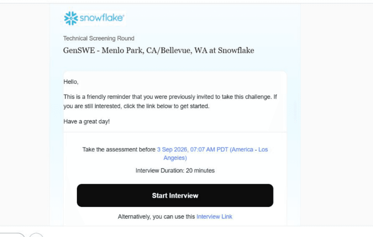 Snowflake: Technical assessment reminder