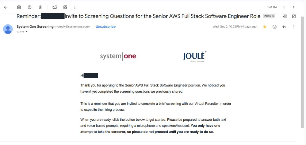 System One: Screening reminder