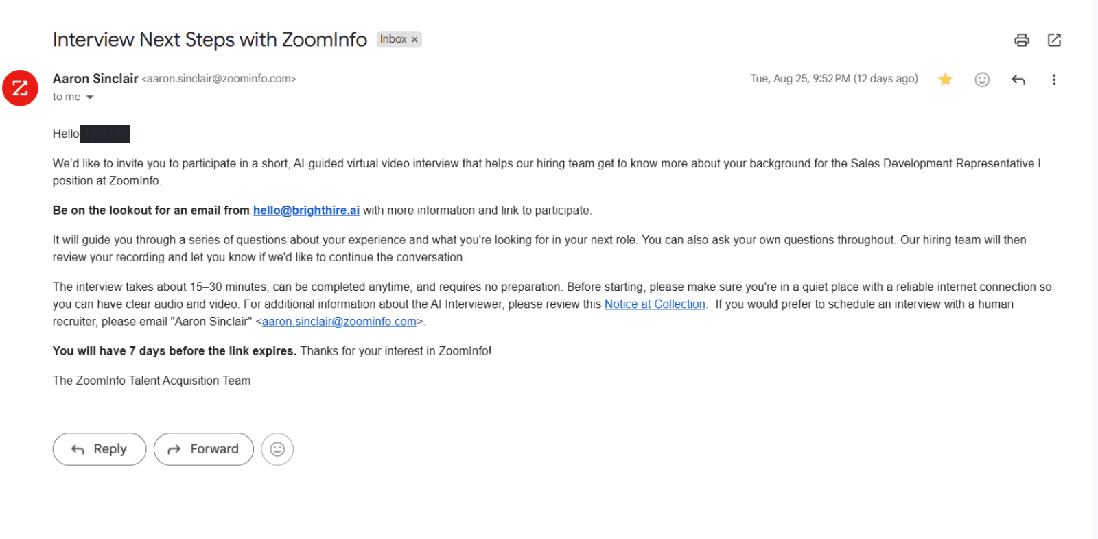 ZoomInfo: AI-guided video interview invitation