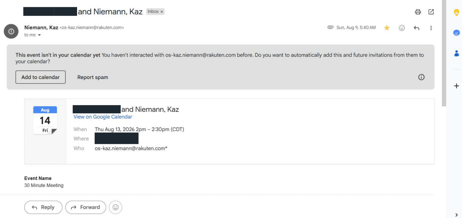 Rakuten: Recruiter calendar invitation