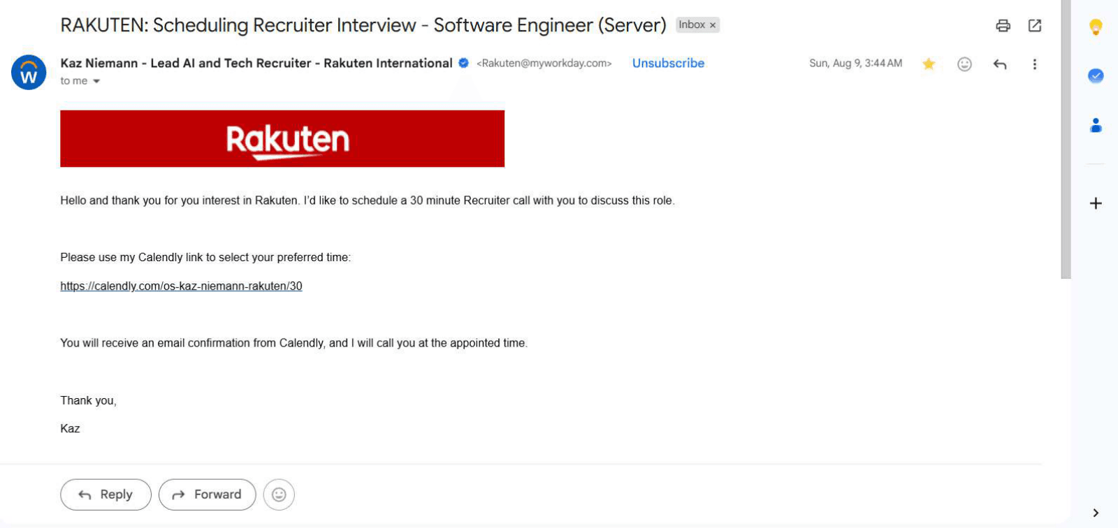 Rakuten: Recruiter interview scheduling