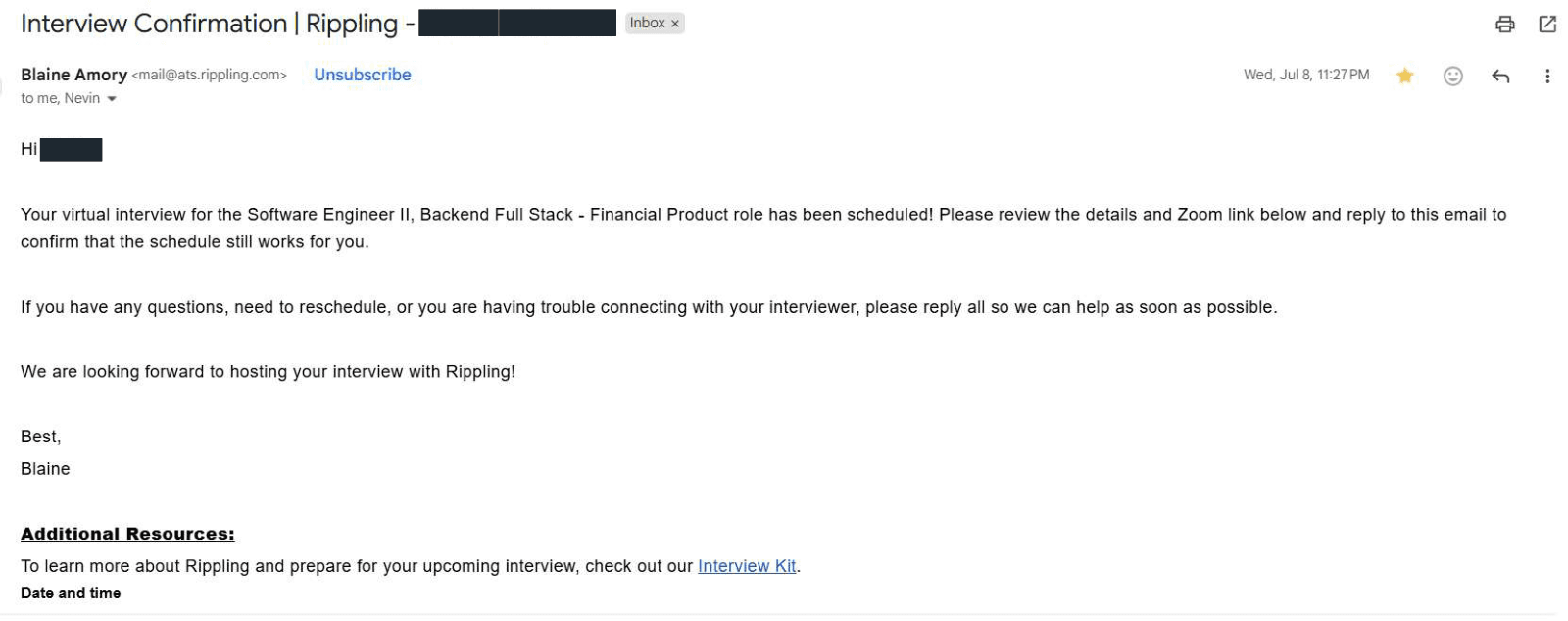 Rippling: Interview confirmation