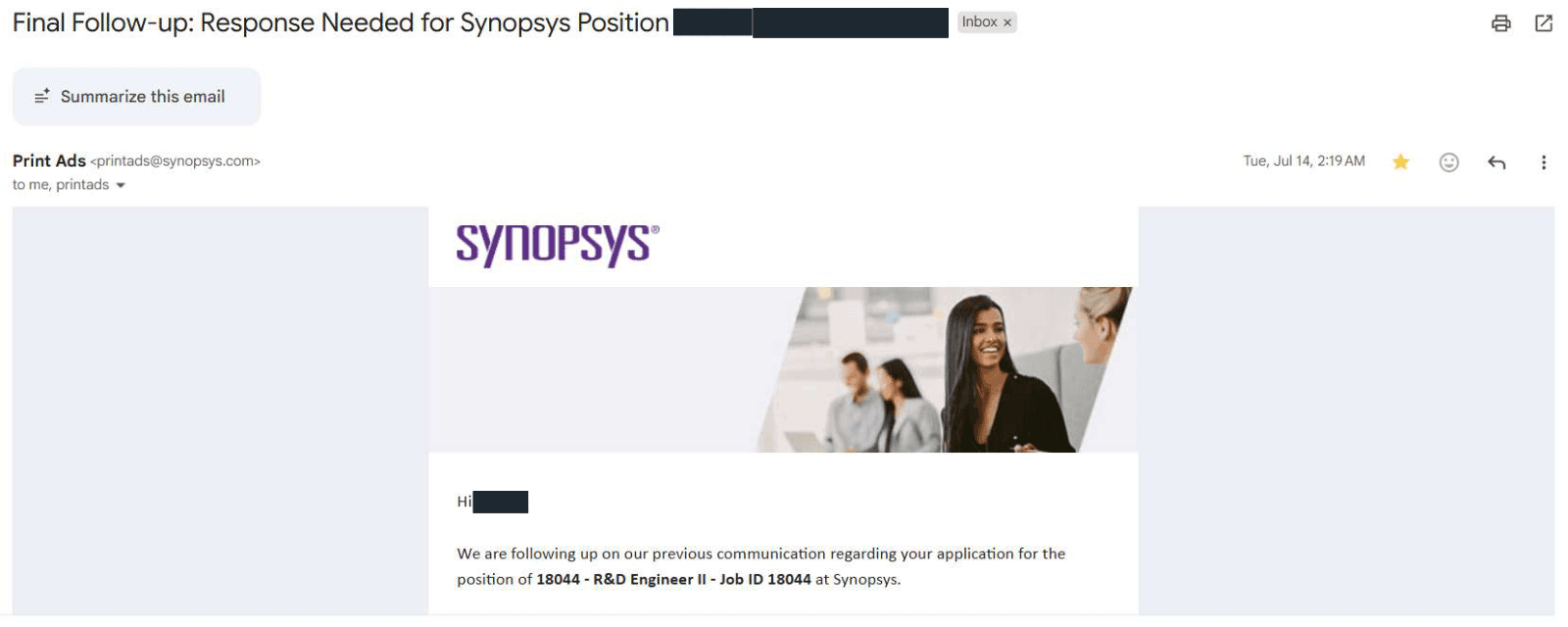 Synopsys: Recruiting follow-up