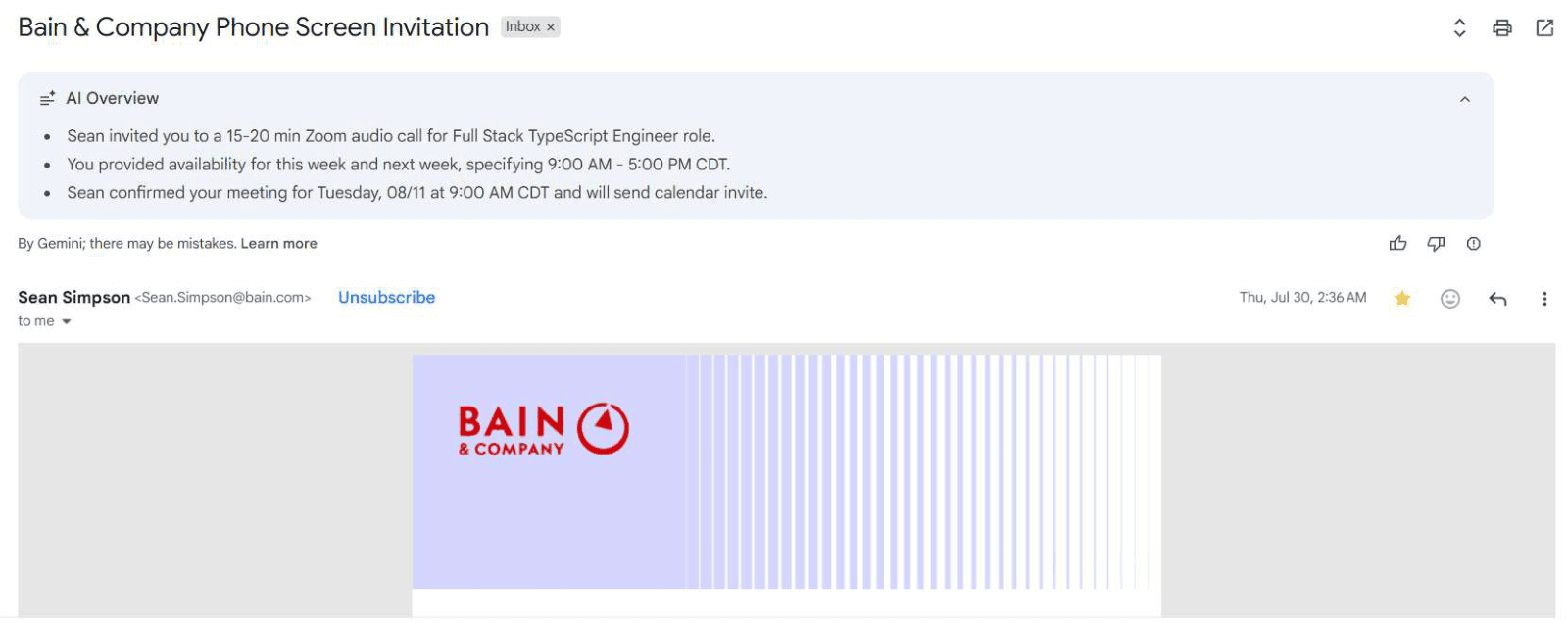 Bain & Company: Phone screen invitation