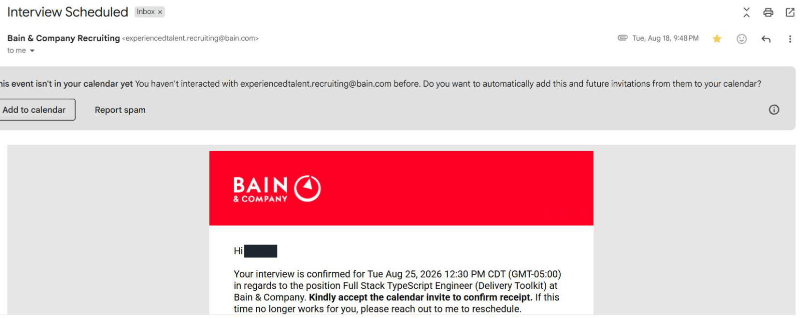 Bain & Company: Interview confirmation