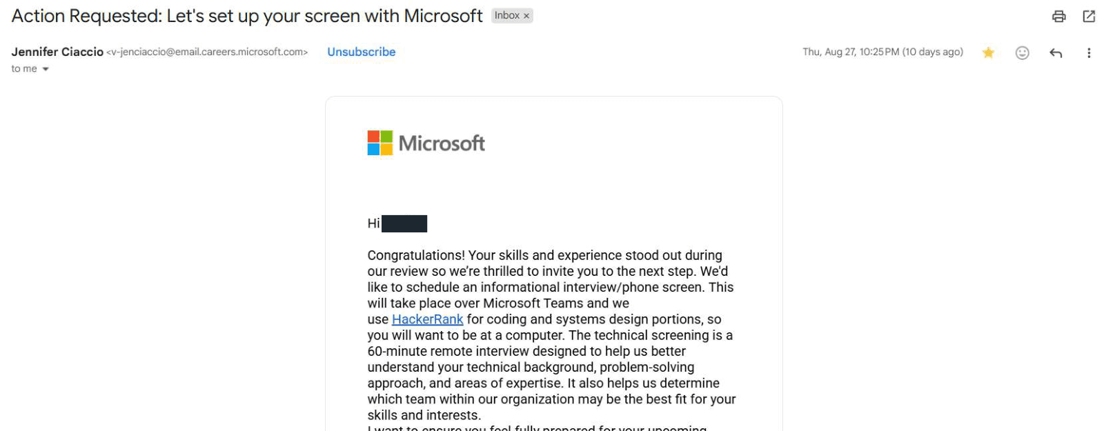 Microsoft: Phone screen invitation