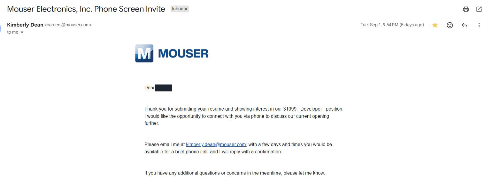 Mouser Electronics: Phone screen invitation